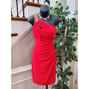 Cache Women's Solid Red Polyester One Shoulder Off Knee Length Dress Zero Size